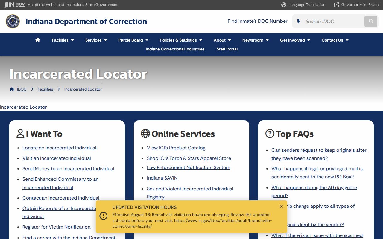 Indiana Department of Correction offender locator interface