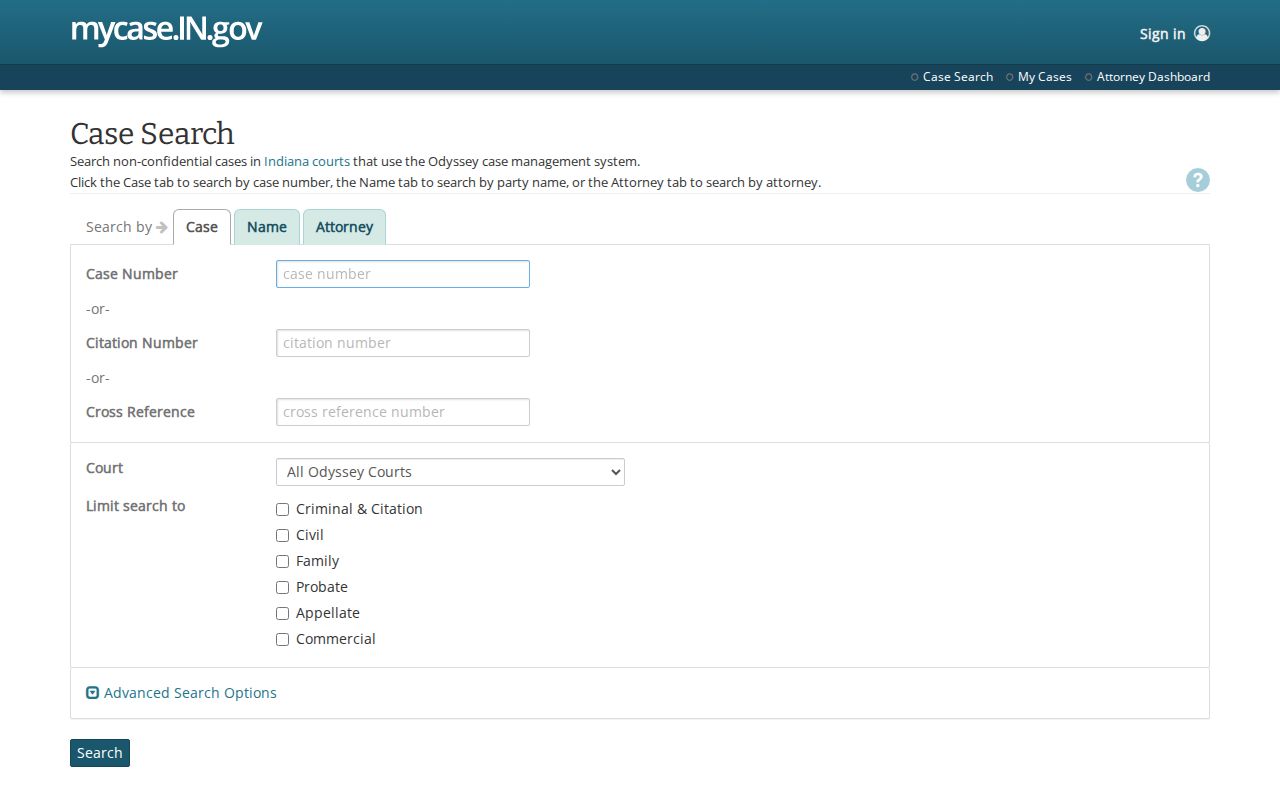 Indiana MyCase public court search interface